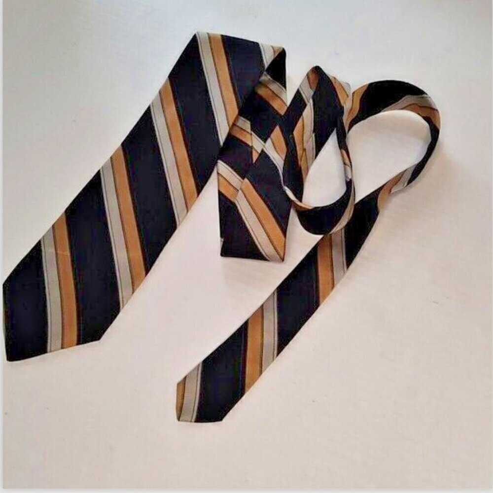 LANVIN Black Silver Gold Striped Woven Silk Power Tie